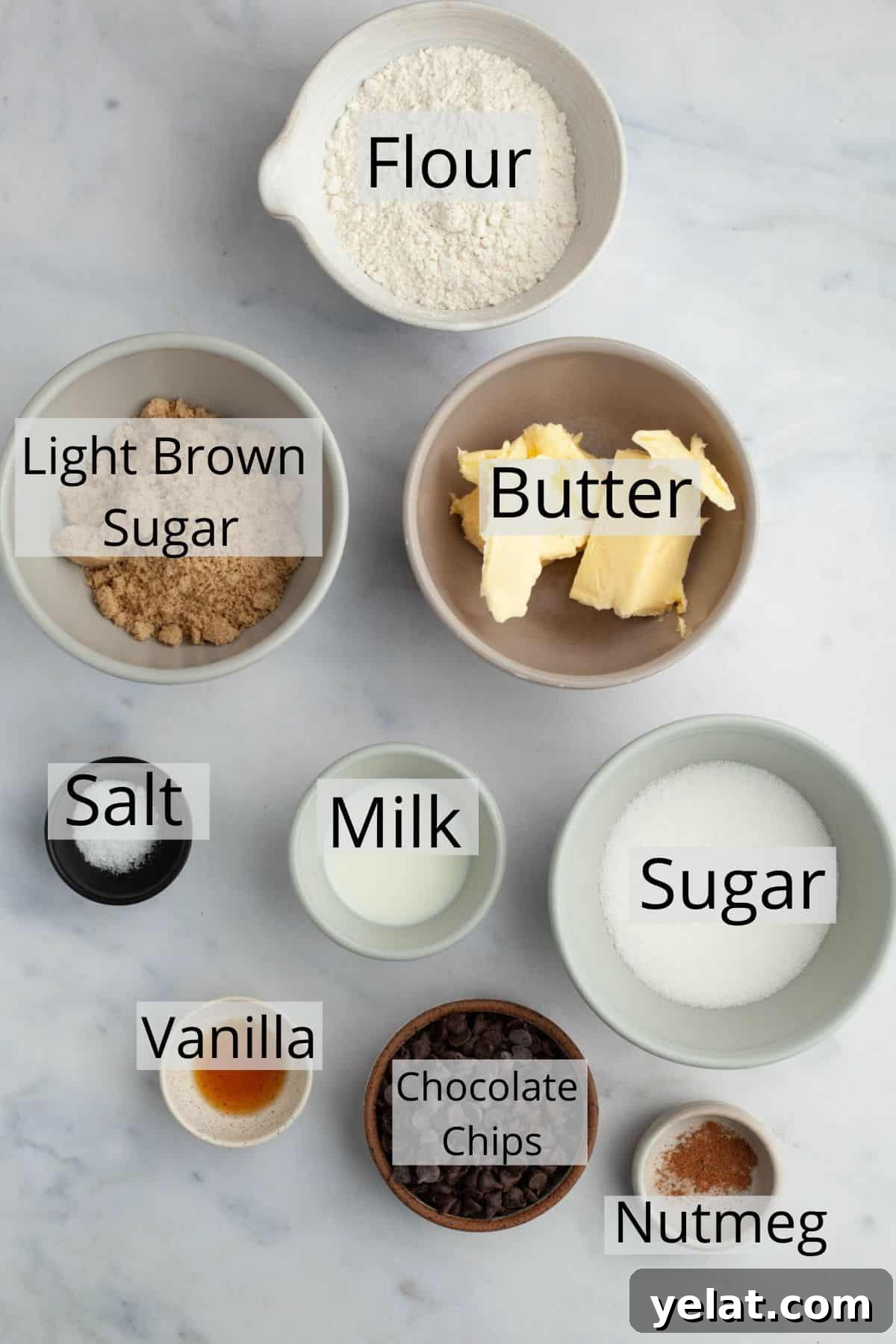 No-Bake Chocolate Chip Cookie Dough Bites for Snacking 3 All the ingredients needed for no bake cookie dough bites weighed out into small bowls.