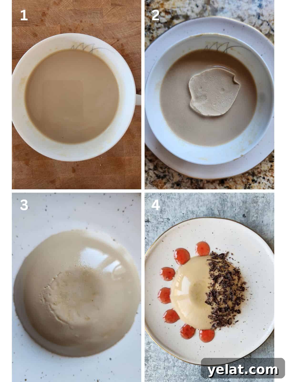 A collage of 4 pictures showing how to unmold a coffee panna cotta onto a white plate.