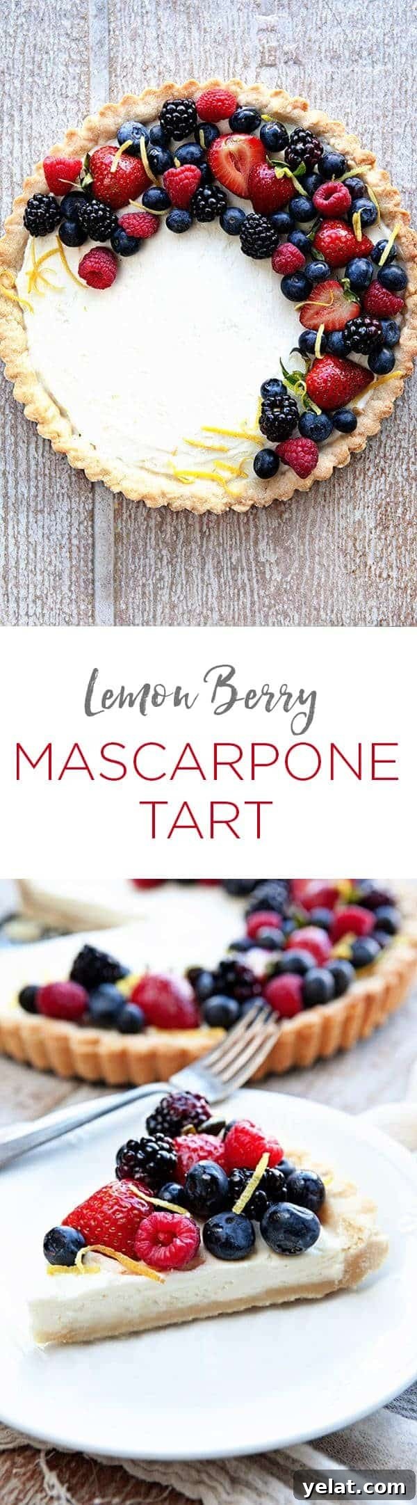 Lemon Berry Mascarpone Tart Recipe for Bright, Creamy Dessert 7 A Lemon Berry Mascarpone Tart is a simple, delicious way to show off all the season's best berries. A creamy mascarpone filling, a hint of fresh lemon, and four kinds of berries, all on top of a delicious shortbread crust!