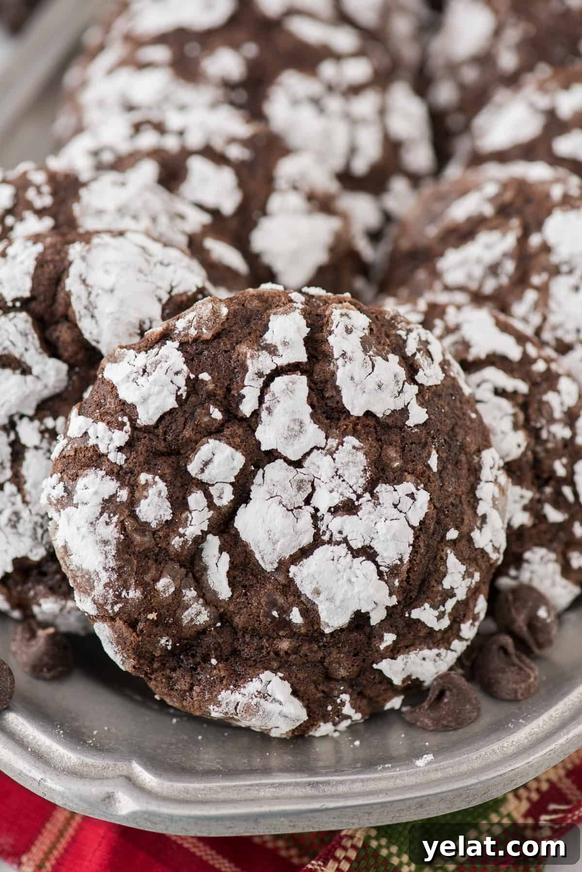 Chewy Chocolate Crinkle Cookies Recipe for Perfectly Soft Centers 8 chocolate crinkle cookies rolled in powdered sugar on metal tray with red towel underneath