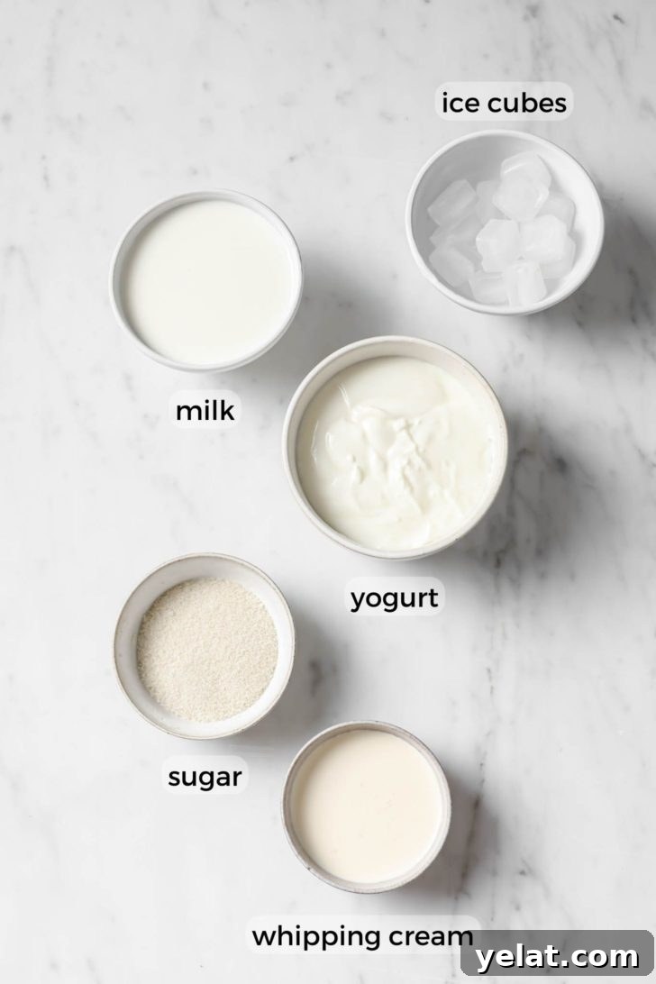 Authentic Sweet Lassi Recipe: Creamy Indian Yogurt Drink Guide 7 Ingredients for Lassi in bowls on a marbled surface.
