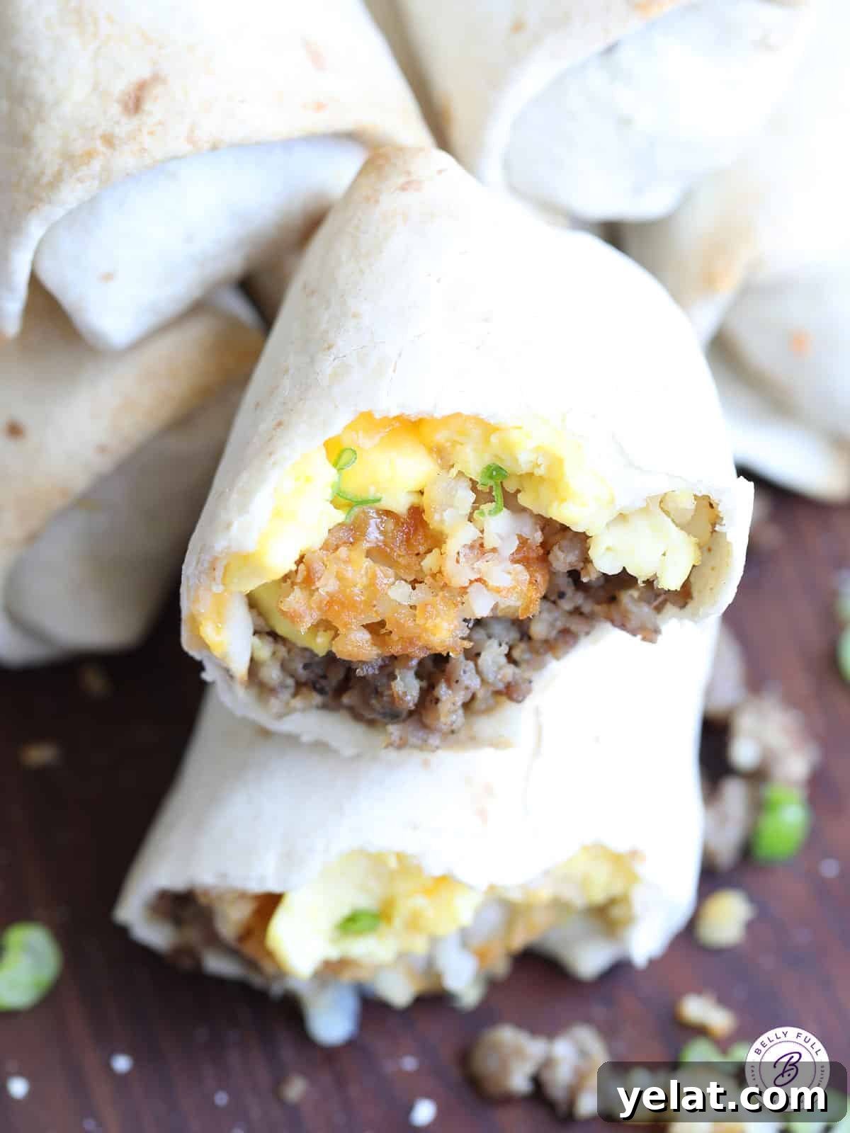 breakfast burrito torn in half