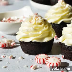 Silky Peppermint Buttercream Frosting Recipe for Cakes & Cupcakes 10 chocolate cupcake with peppermint buttercream near peppermints