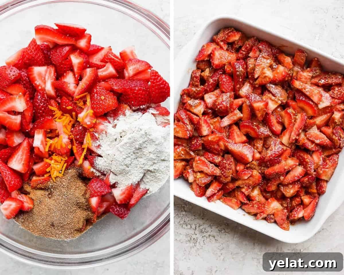 Side by side images showing the strawberry crisp filling separately in a glass bowl and combined in a white baking dish.