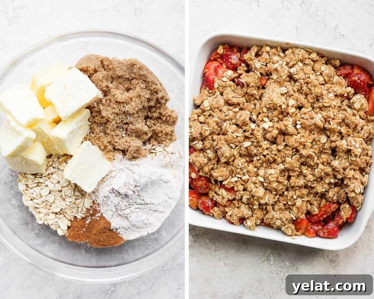 Side by side images showing the strawberry crisp topping ingredients separately in a glass bowl and combined on top of the strawberry mixture in a baking dish.