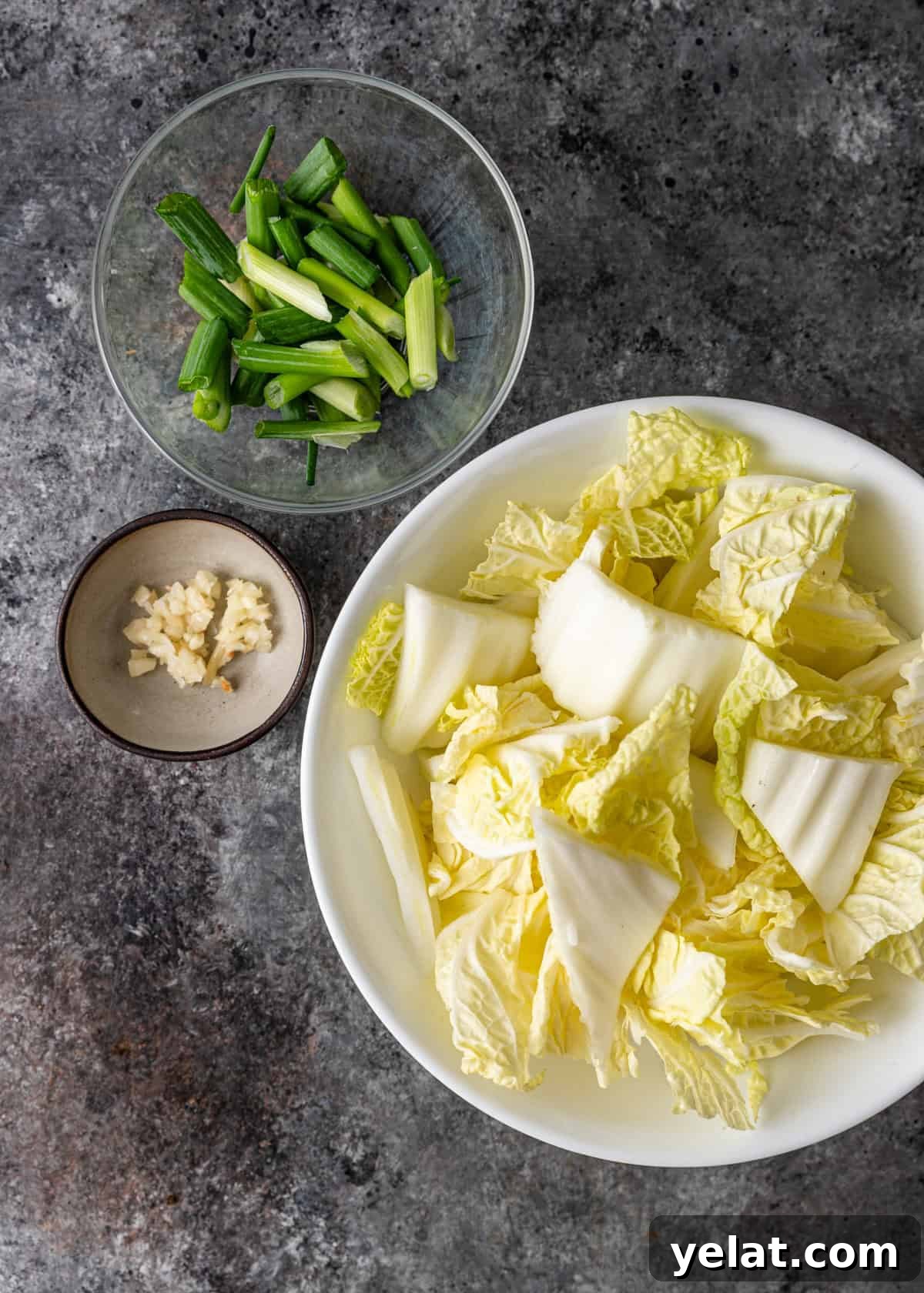 overhead: prepared ingredients for hot and sour cabbage