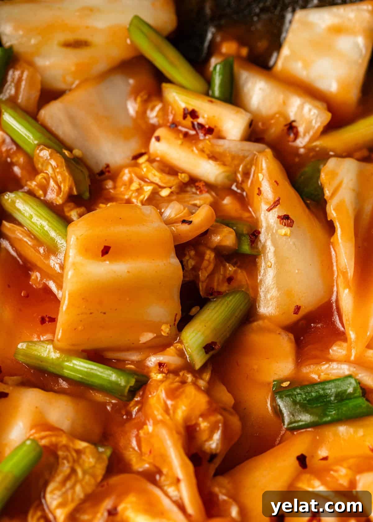 extreme closeup: hot and sour cabbage with green onion and red pepper flakes
