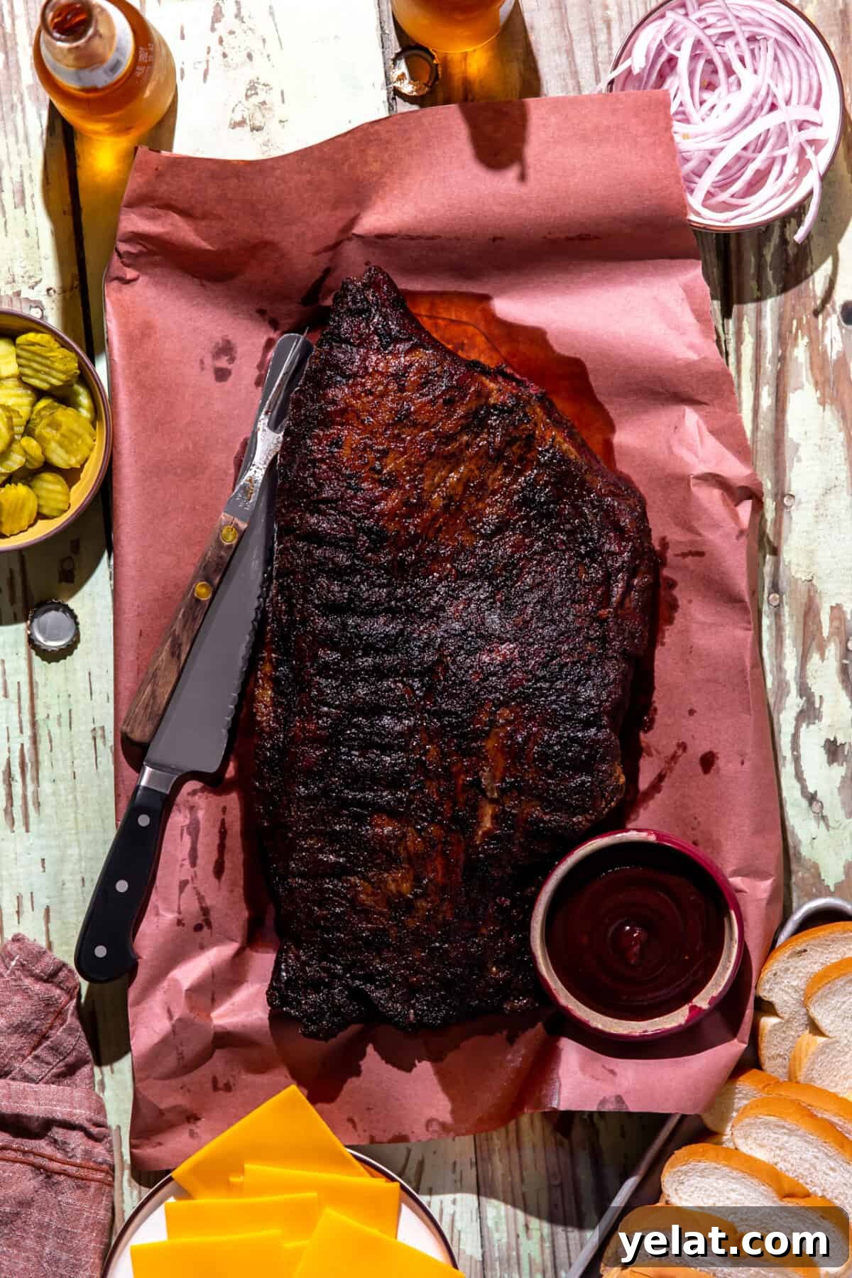 Ultimate Texas-Style Brisket Rub Recipe for Smoky Flavor 8 Smoked brisket ready to serve and sides served.