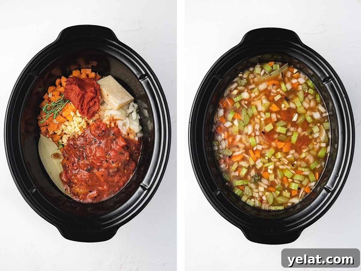 Set of two photos showing ingredients all added to a crockpot.