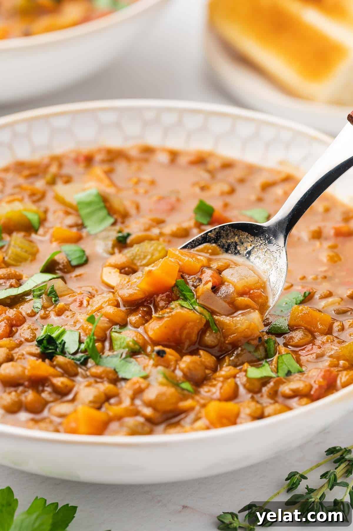 Close up view of a spoon lifting from a bowl of slow cooker lentil soup.