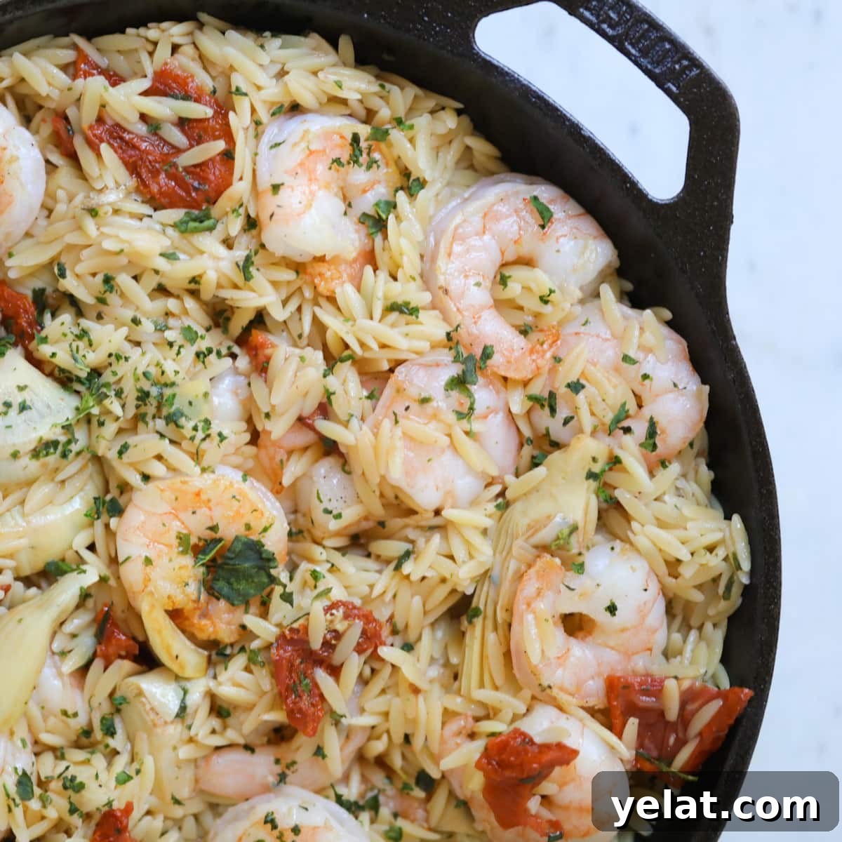 Shrimp and orzo in a cast iron skillet.