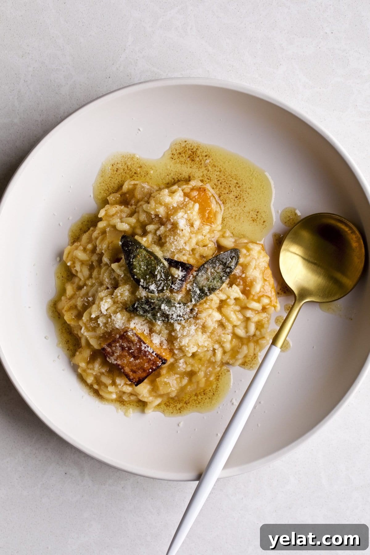 Butternut squash risotto in a square serving bowl