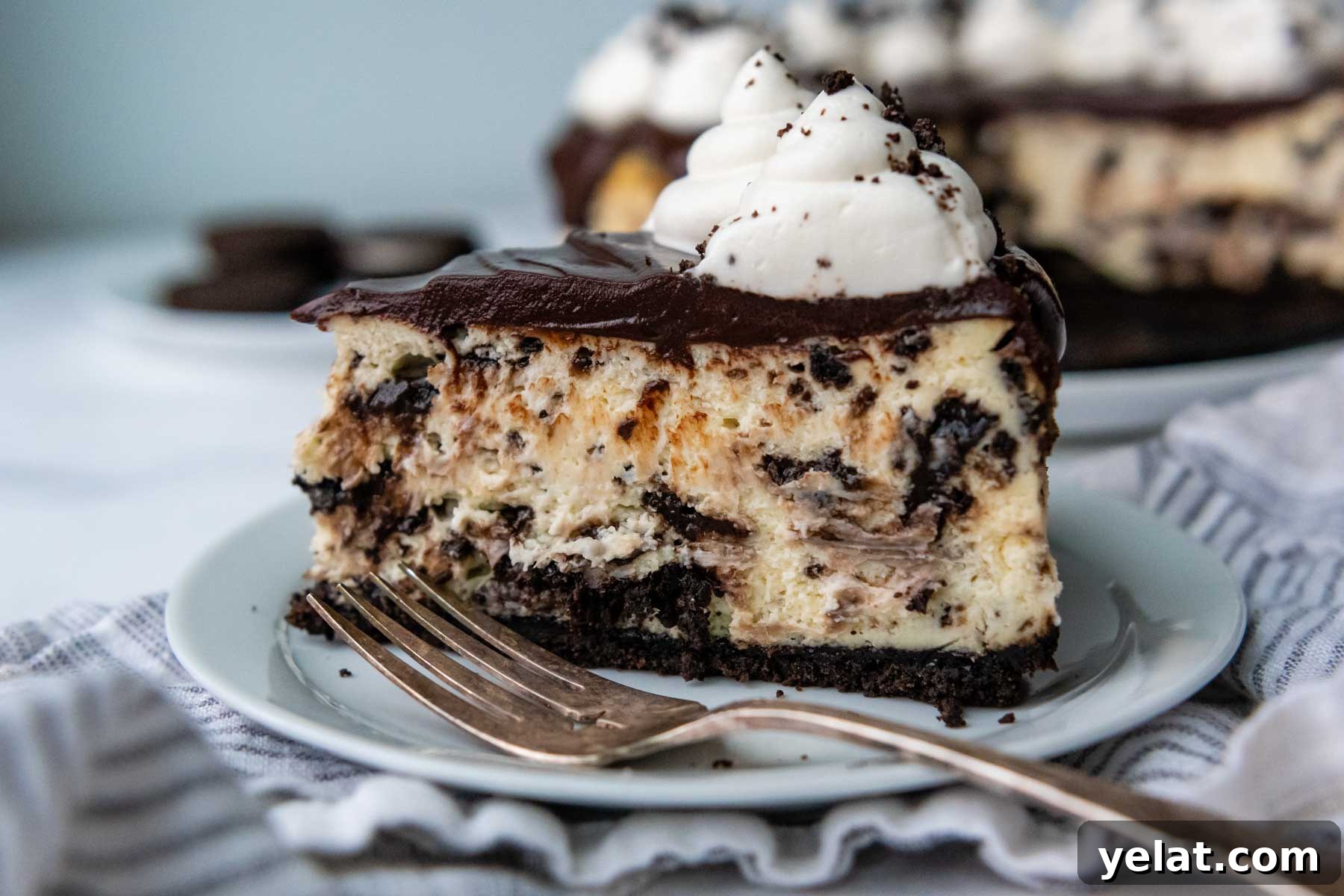 Ultra-Cream Gluten-Free Oreo Cheesecake Recipe 10 a slice of cheesecake with whipped cream on top.