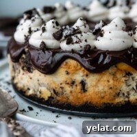 Ultra-Cream Gluten-Free Oreo Cheesecake Recipe 11 an uncut gluten free oreo cheesecake with ganache and whipped cream on top.