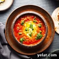 A brown ceramic bowl with bright red harissa lentil soup with a scoop of yoghurt and dots of green salsa. The bowl is on a dark surface with pieces of flatbread visible on the side.