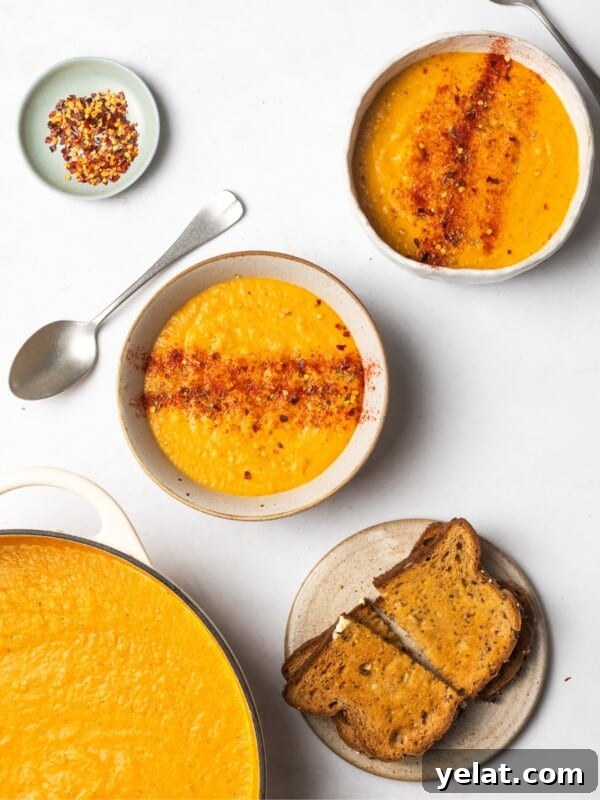 carrot and lentil soup served with toast.