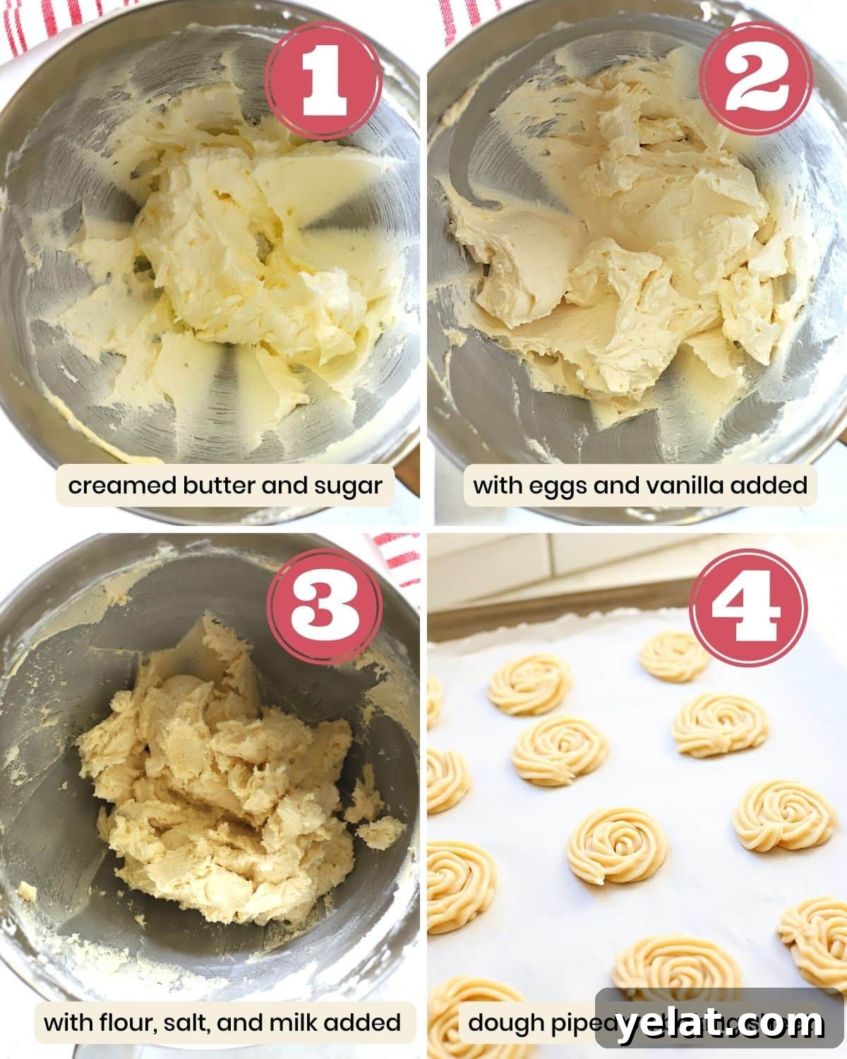 Classic Old-Fashioned Butter Cookies Recipe 6 4 images showing butter cookie dough being creamed, adding remaining ingredients, then piped on cookie sheet.