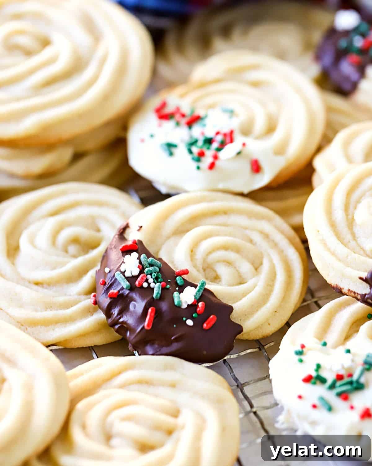 Classic Old-Fashioned Butter Cookies Recipe 8 A butter cookie dipped in chocolate.