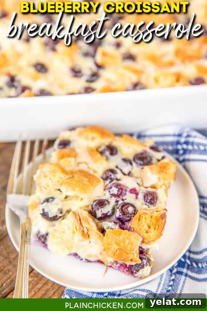 slice of blueberry breakfast casserole on a plate