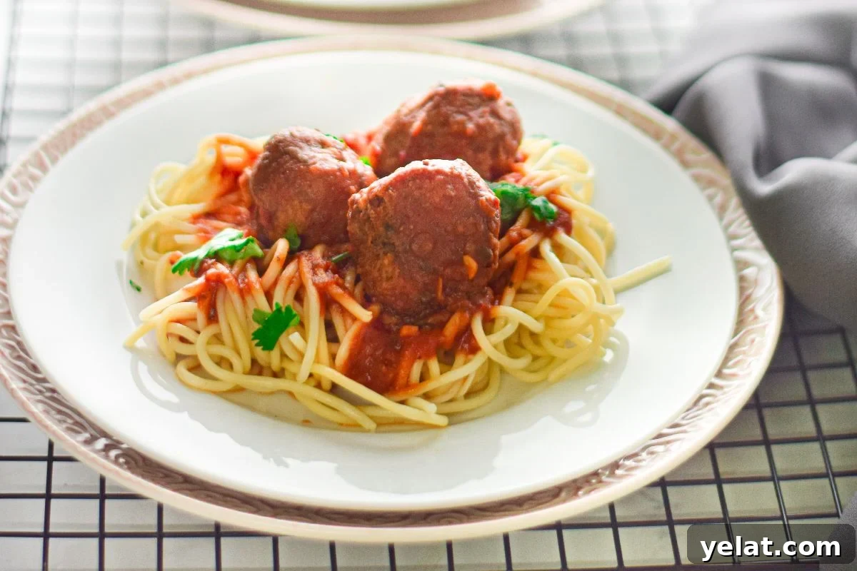 Air Fryer Meatballs in Marinara Sauce: Quick Homemade Recipe 2 A plate of spaghetti topped with three Air Fryer Meatballs Marinara, rich tomato sauce, and parsley, served on a white plate.
