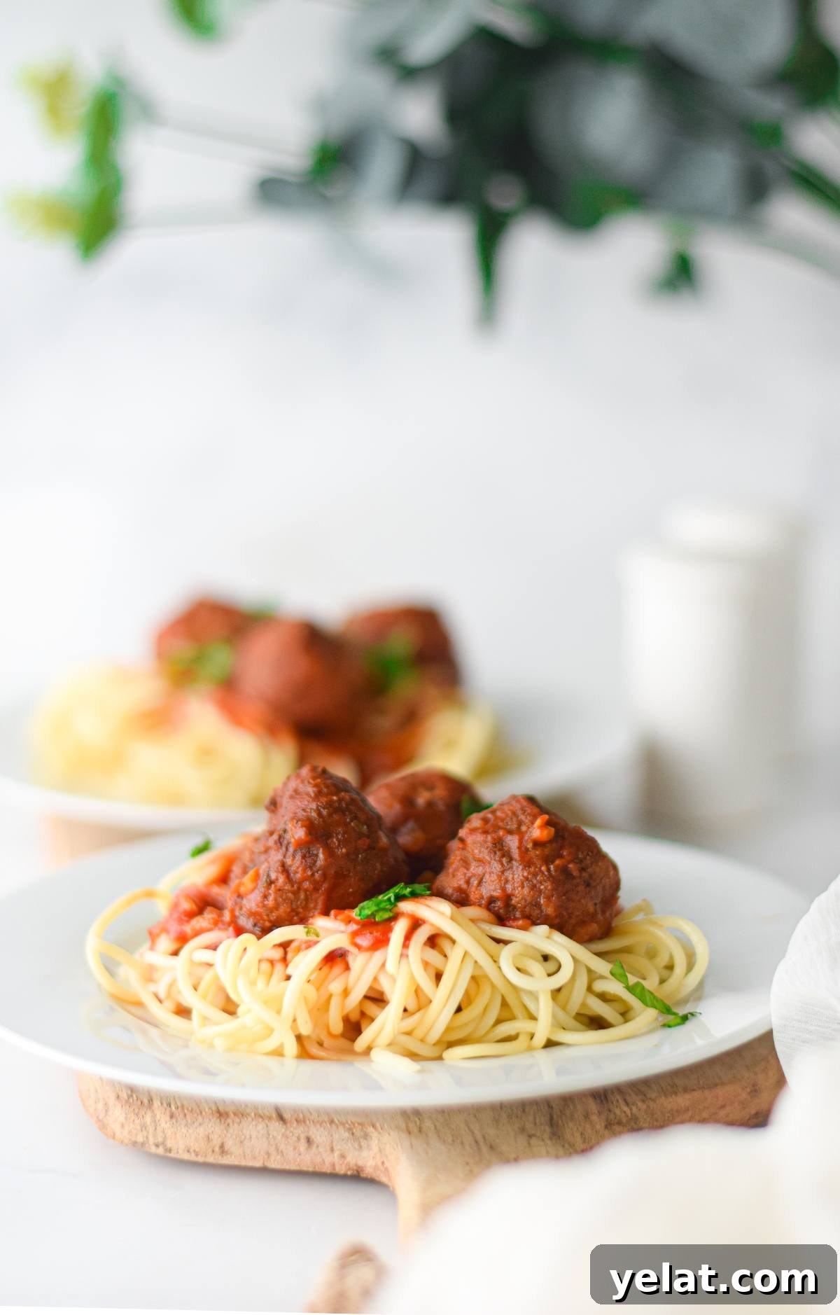 Air Fryer Meatballs in Marinara Sauce: Quick Homemade Recipe 11 Spaghetti with vegan meatballs in rich marinara sauce served on a white plate, garnished with fresh herbs.