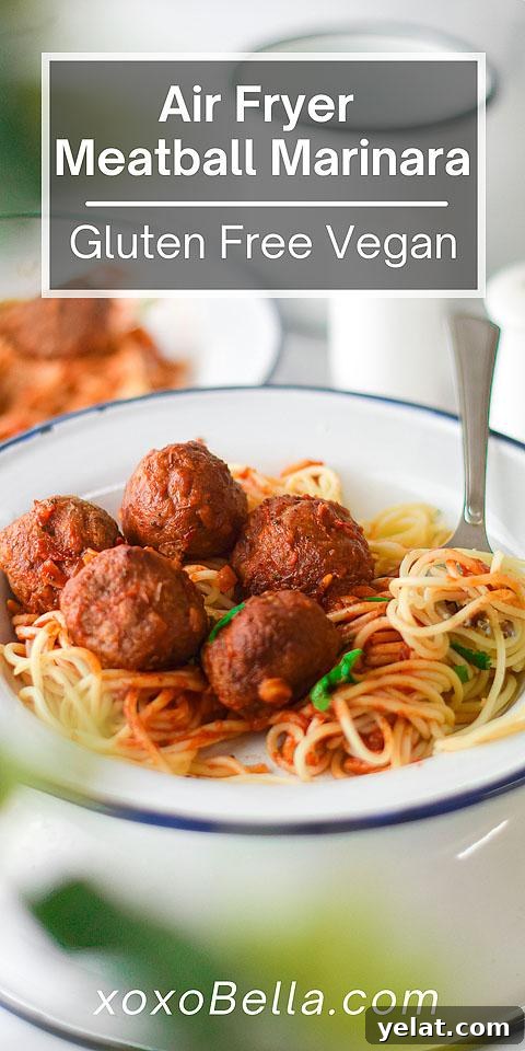 Air Fryer Meatballs in Marinara Sauce: Quick Homemade Recipe 22 A bowl of spaghetti topped with vegan meatballs and marinara sauce, featuring our easy Vegan Meatball recipe—labeled gluten free and vegan.