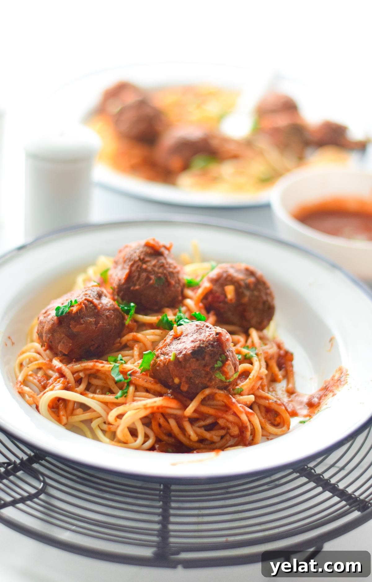 Air Fryer Meatballs in Marinara Sauce: Quick Homemade Recipe 4 A plate of spaghetti with tomato sauce and vegan meatballs with spaghetti marinara, garnished with parsley, on a wire rack.