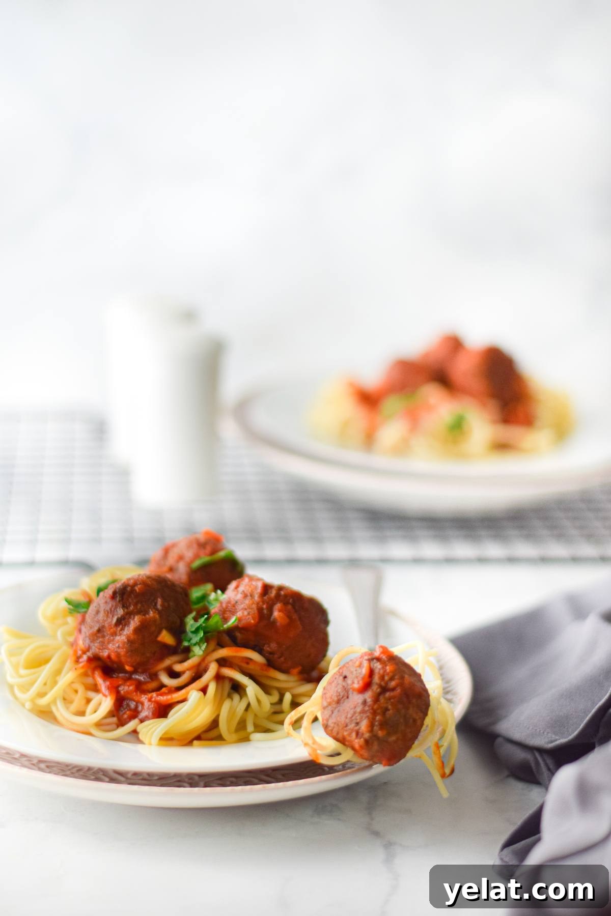 Air Fryer Meatballs in Marinara Sauce: Quick Homemade Recipe 8 Vegan meatballs with spaghetti marinara and tomato sauce garnished with herbs, served on a white plate.