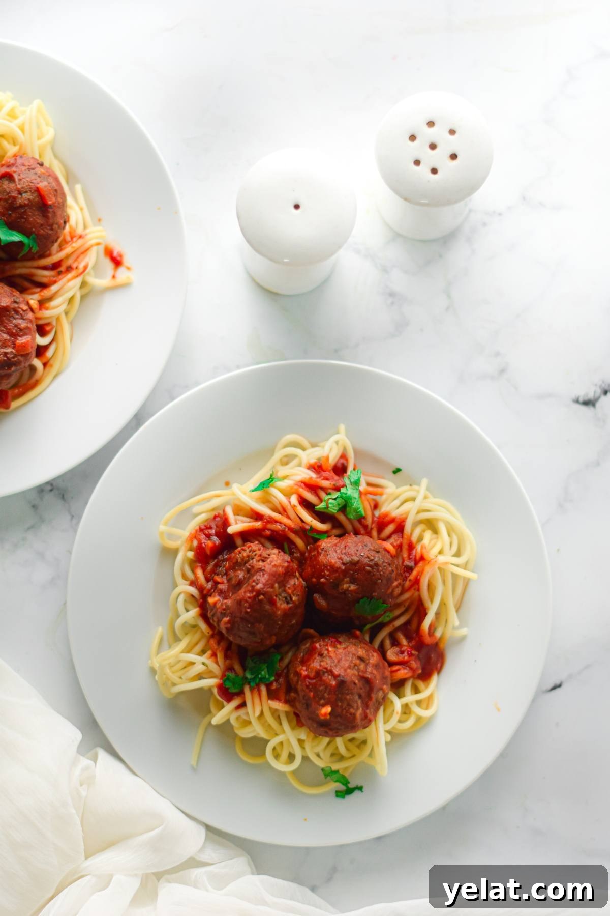 Air Fryer Meatballs in Marinara Sauce: Quick Homemade Recipe 9 A plate of easy vegan meatballs with spaghetti marinara and parsley, served beside salt and pepper shakers.