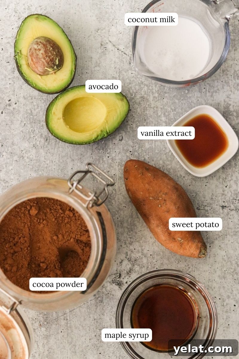 Creamy Avocado Chocolate Pudding Even Picky Eaters Love 3 labeled ingredients for sweet potato and avocado chocolate pudding