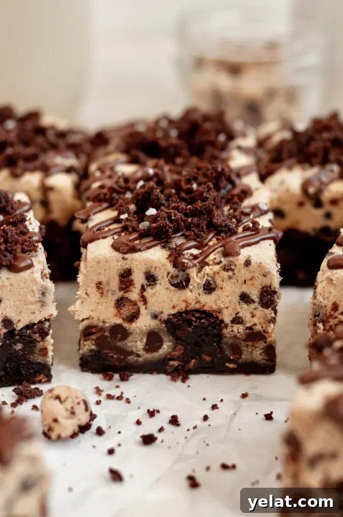 Cookie Dough Brownies with Gluten-Free & Dairy-Free Options 2 Dark brown fudgy brownies with chunks of edible cookie dough and topped with a thick layer of cookie dough on top.