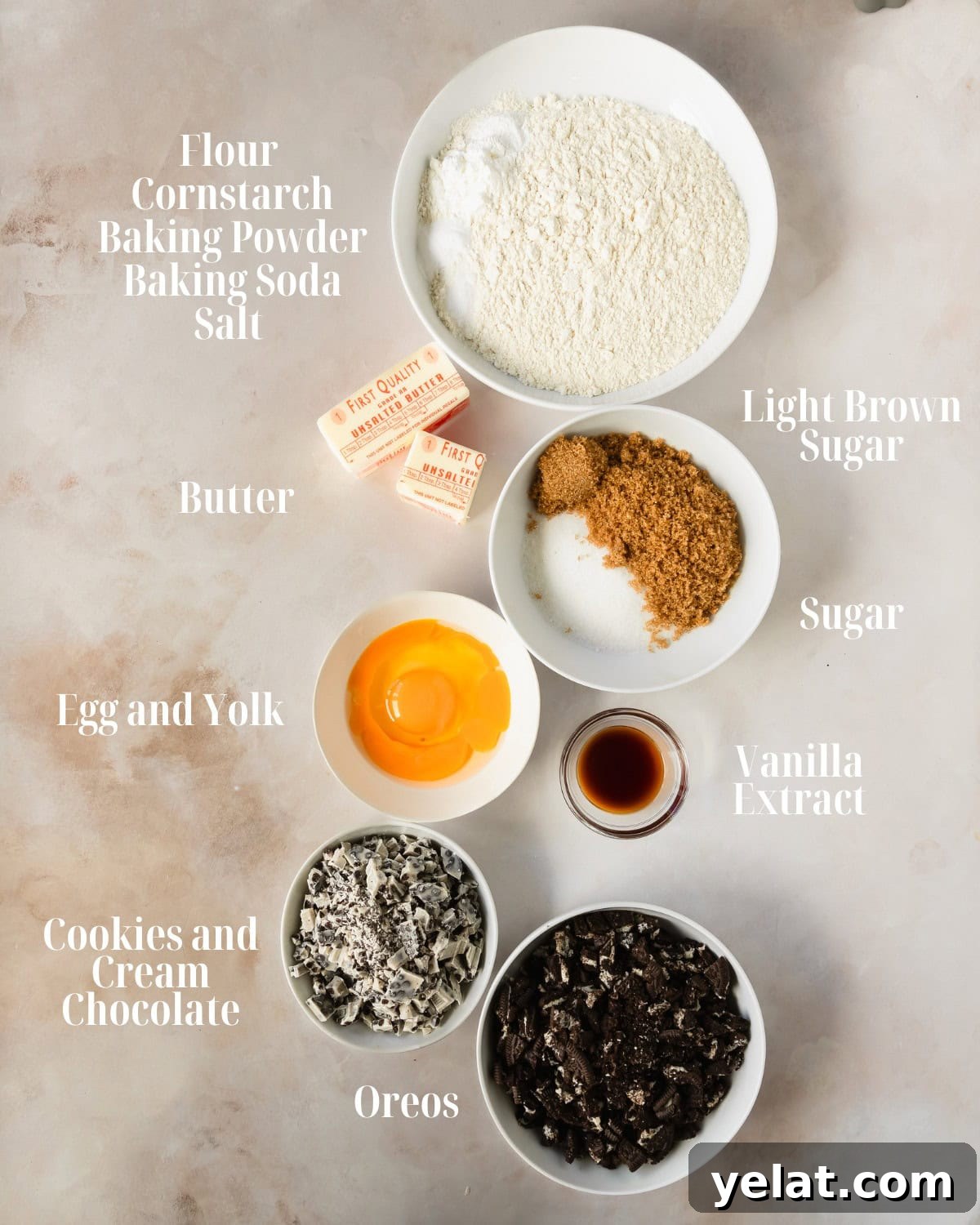 Cookies & Cream Sandwich Cookies: How to Make Oreo-Style Treats 3 Dry Ingredients: Gather all purpose flour, cornstarch, baking soda, baking powder and salt.
Wet Ingredients: Gather unsalted butter, granulated sugar, light brown sugar, egg, egg yolk, vanilla extract, cookies n’ cream chocolate bars and Oreos.