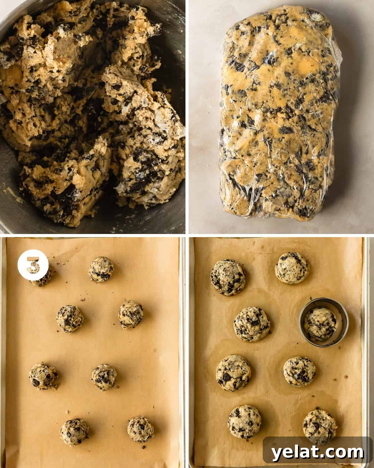 Cookies & Cream Sandwich Cookies: How to Make Oreo-Style Treats 5 Preheat the oven to 350 F (177 C) for about 30 minutes before baking the cookies. Line 1 - 2 large baking sheets with parchment paper. Use a medium cookie scoop (2 tablespoons, 30 ml), scoop the cookie dough into balls. Place the cookies and cream dough balls about 2 - 3 inches apart on a lined baking sheet. I usually fit about 8 on a large baking sheet. Bake the banana cookies for for 10 - 12 minutes or until the edges of the cookies are set and are a light golden brown. As soon as the cookies come out of the oven, use a biscuit or cookie cutter slightly bigger than the diameter of the cookie to nudge the sides of the cookie into a more perfectly round shape. Cool the cream cookies on the baking sheet for 5 minutes. Transfer the cookies to a cooling rack until room temperature or enjoy while warm from the oven.