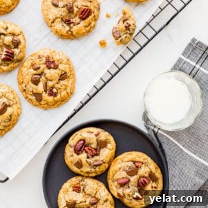 Chewy Chocolate Chip Pecan Cookies Recipe 12 Chocolate chip cookies with pecans cooled on a rack being served on black plates with glasses of milk.