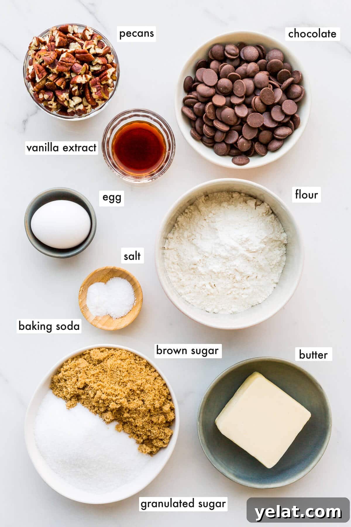 Chewy Chocolate Chip Pecan Cookies Recipe 3 Ingredients to make pecan chocolate chip cookies measured out and ready to mix.
