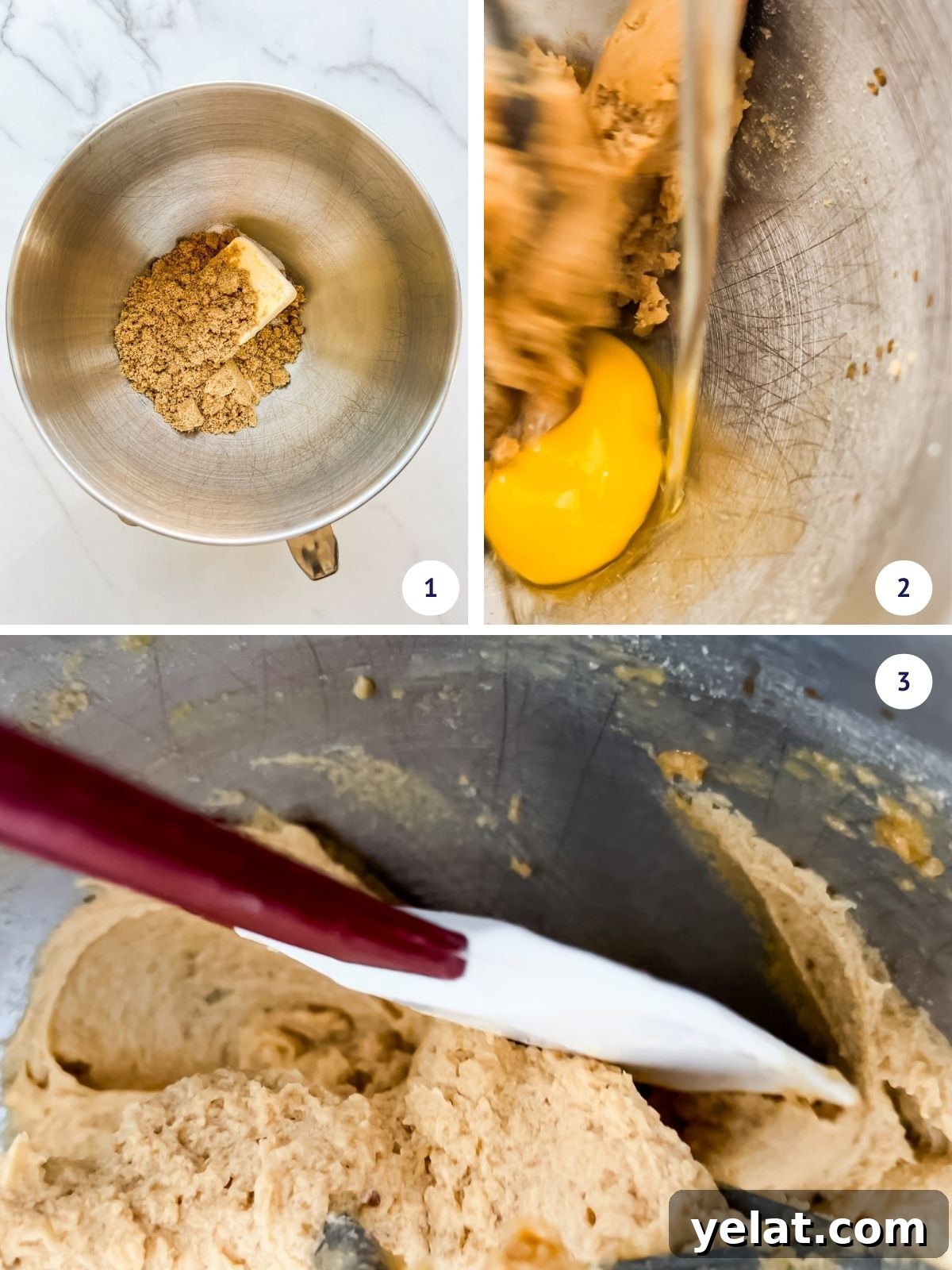 Chewy Chocolate Chip Pecan Cookies Recipe 4 Creaming butter and sugar before adding egg and vanilla to make chocolate chip cookie dough, and scraping down the mixer bowl with a rubber spatula between additions.