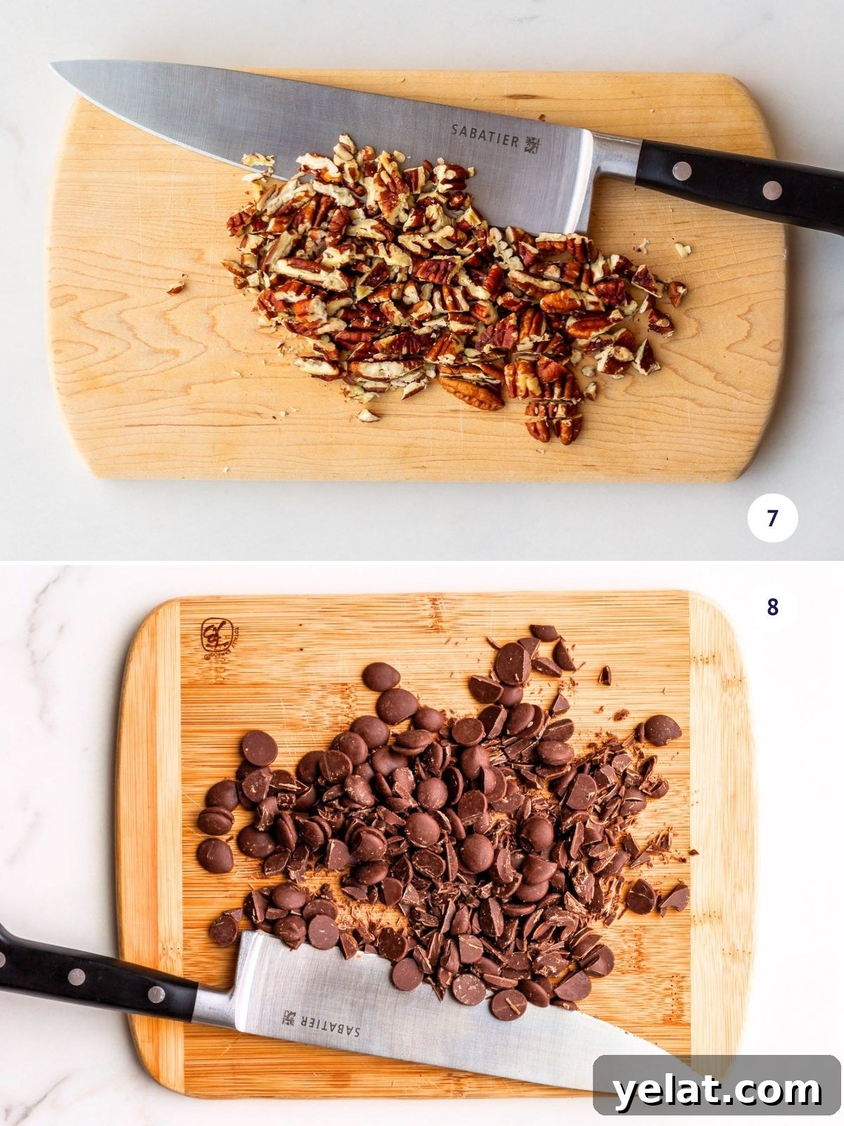 Chewy Chocolate Chip Pecan Cookies Recipe 6 Chopping chocolate and pecans to make pecan chocolate chip cookies.