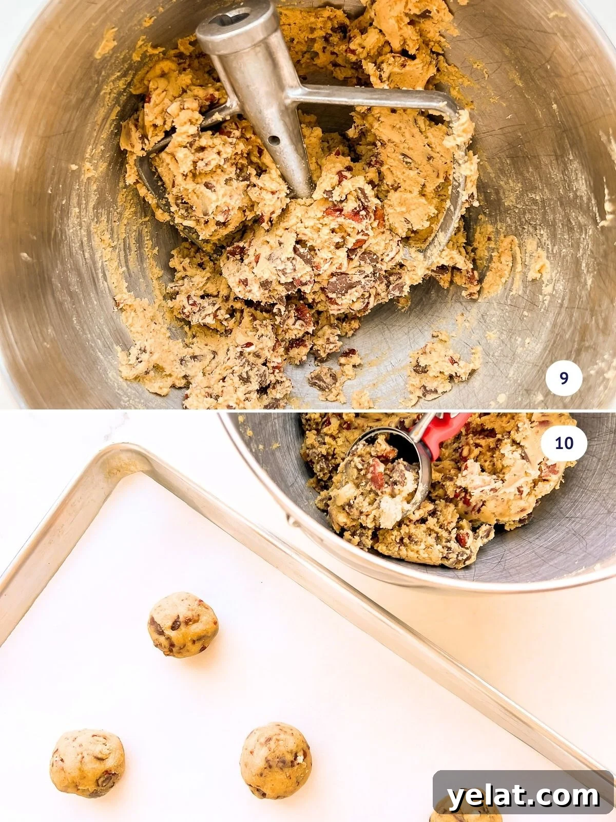 Chewy Chocolate Chip Pecan Cookies Recipe 7 Scooping pecan chocolate chip cookie dough onto a parchment paper-lined sheet pan.
