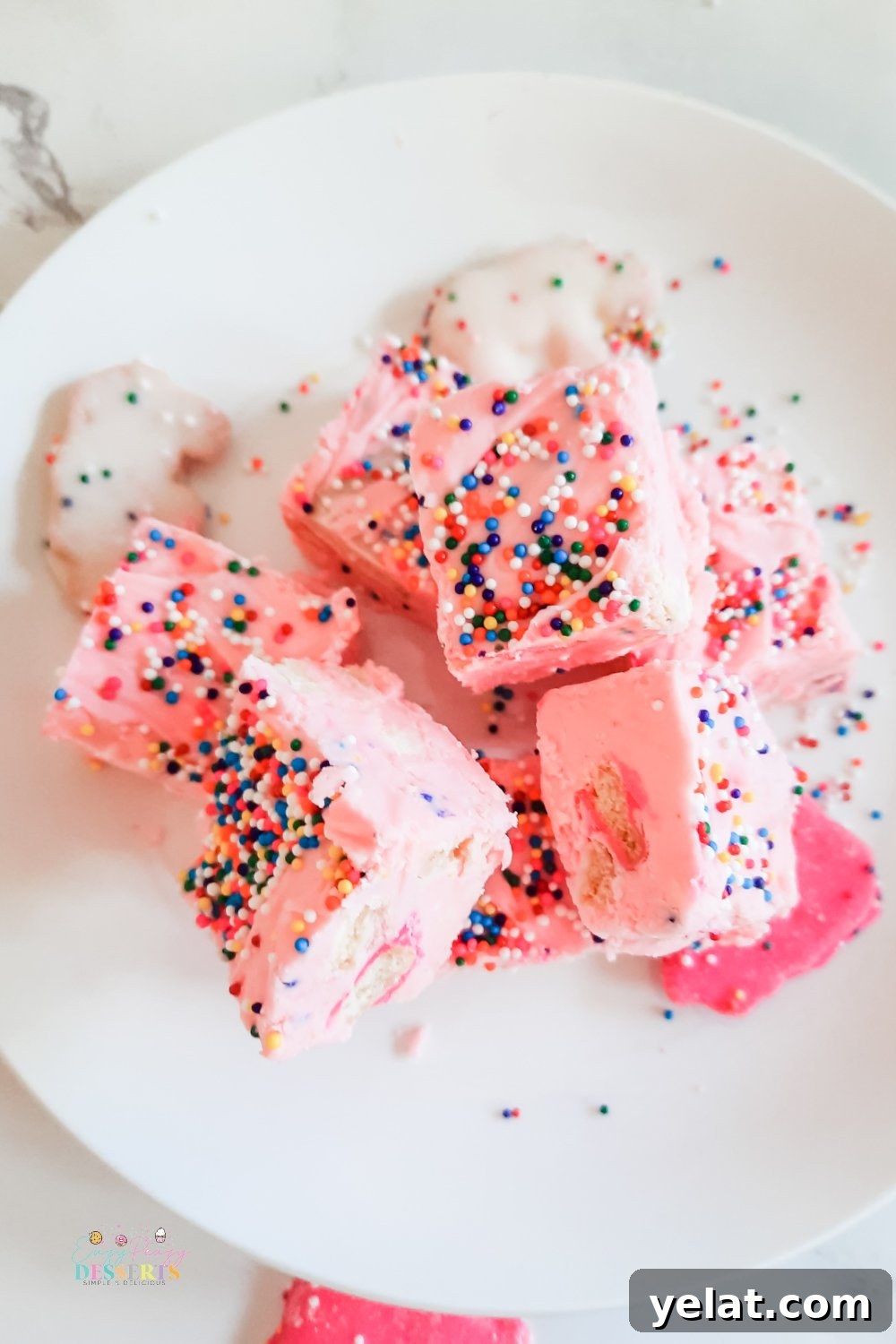 Funfetti Strawberry Fudge Recipe: Creamy, Festive Candy 4 Over head image of strawberry chocolate fudge with sprinkles