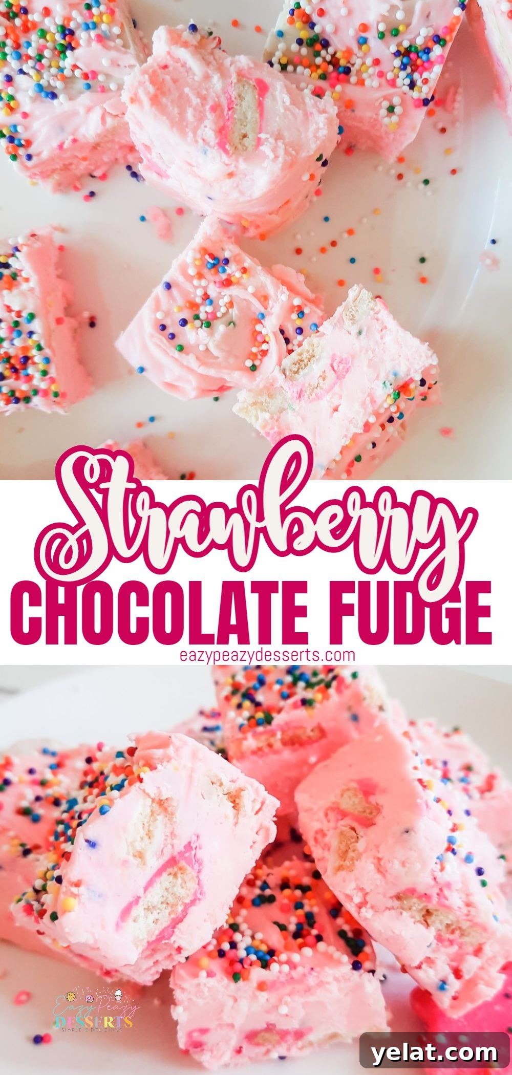 Funfetti Strawberry Fudge Recipe: Creamy, Festive Candy 6 Photo collage of strawberry fudge with sprinkles and circus cookies