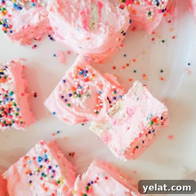Over head image of a few strawberry fudge bars with sprinkles and cookies