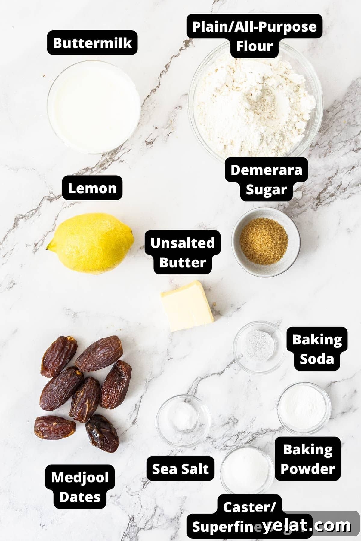 Ingredients in this recipe on a white marble background.
