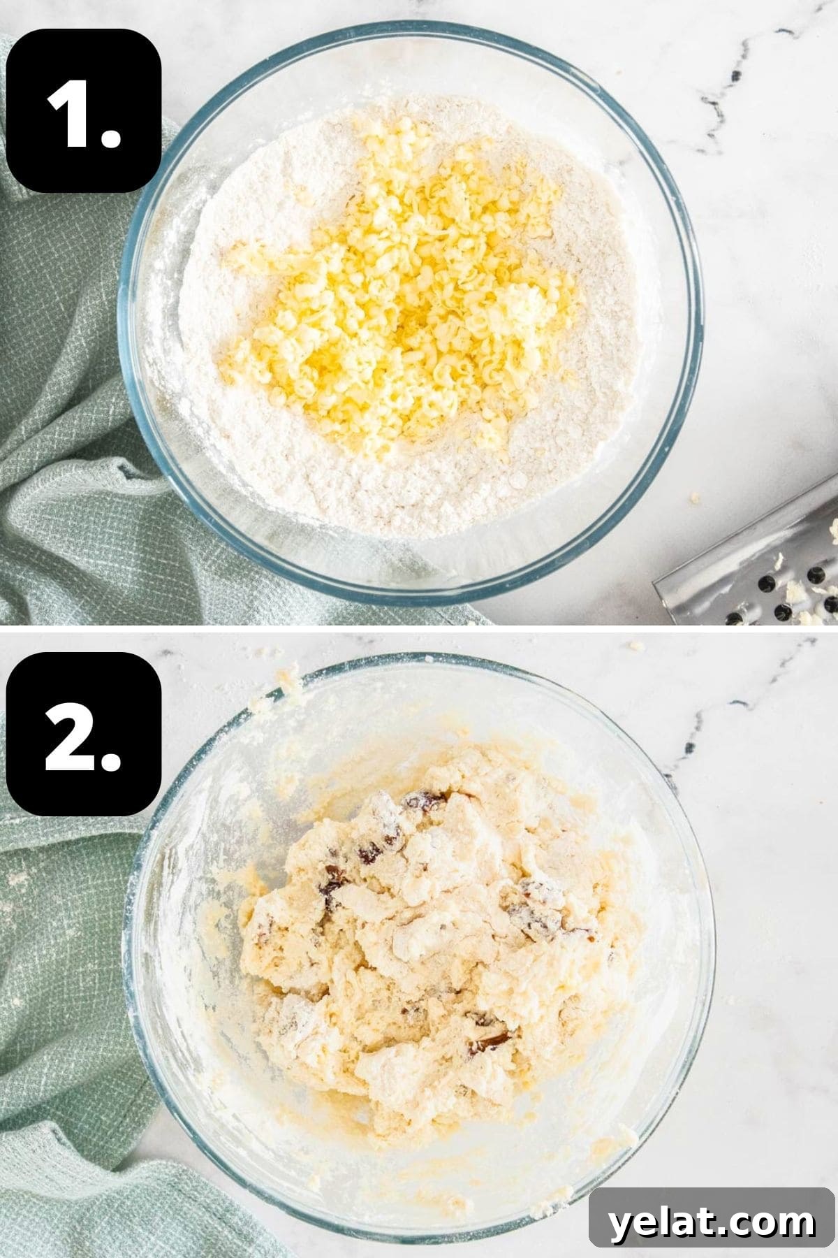 Steps 1-2 of preparing this recipe: the flour and butter in a bowl and the mixture just combined.