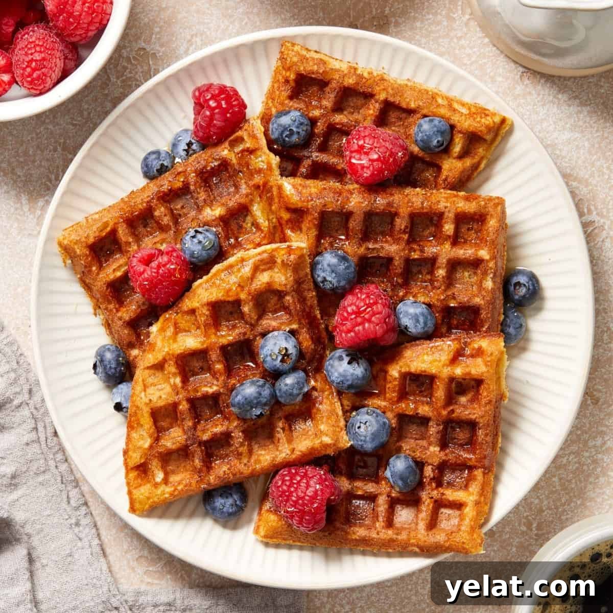 Round white plate with a serve of oat flour waffles, garnished with some raspberries and blueberries.