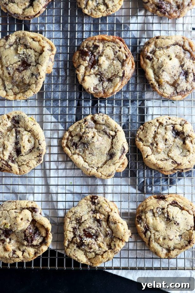 Sea Salt Pistachio Dark Chocolate Cookies Recipe 3 Overhead image of cookies cooling