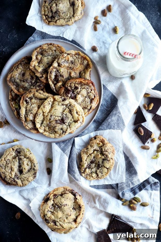 Sea Salt Pistachio Dark Chocolate Cookies Recipe 4 Overhead photos of chocolate chip cookies and milk