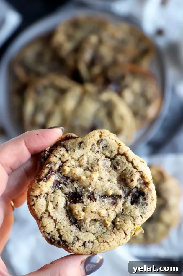 Sea Salt Pistachio Dark Chocolate Cookies Recipe 5 Hand holding chocolate chip cookies with sea salt
