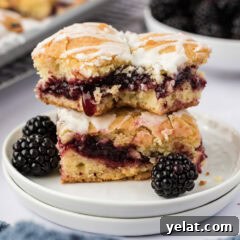 Irresistible Blackberry Pie Squares Recipe for Summer Gatherings 15 Stack of two Blackberry Pie Squares with a bite taken from the top one
