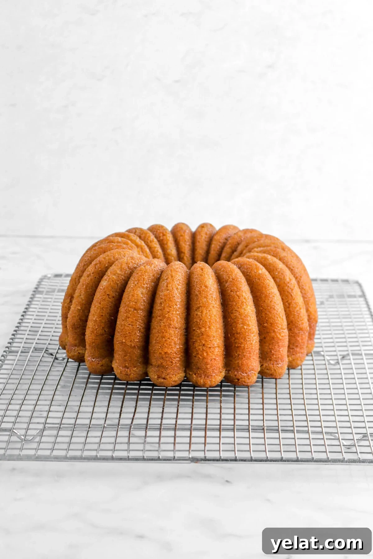 Spiced Apple Cider Bourbon Bundt Cake Recipe for Fall Desserts 12 baked bundt cake on cooling rack.