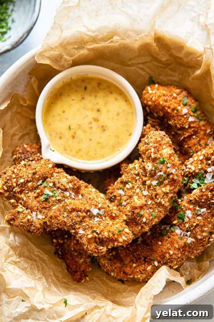Bowl of air fryer chicken tenders with a cup of honey mustard sauce.